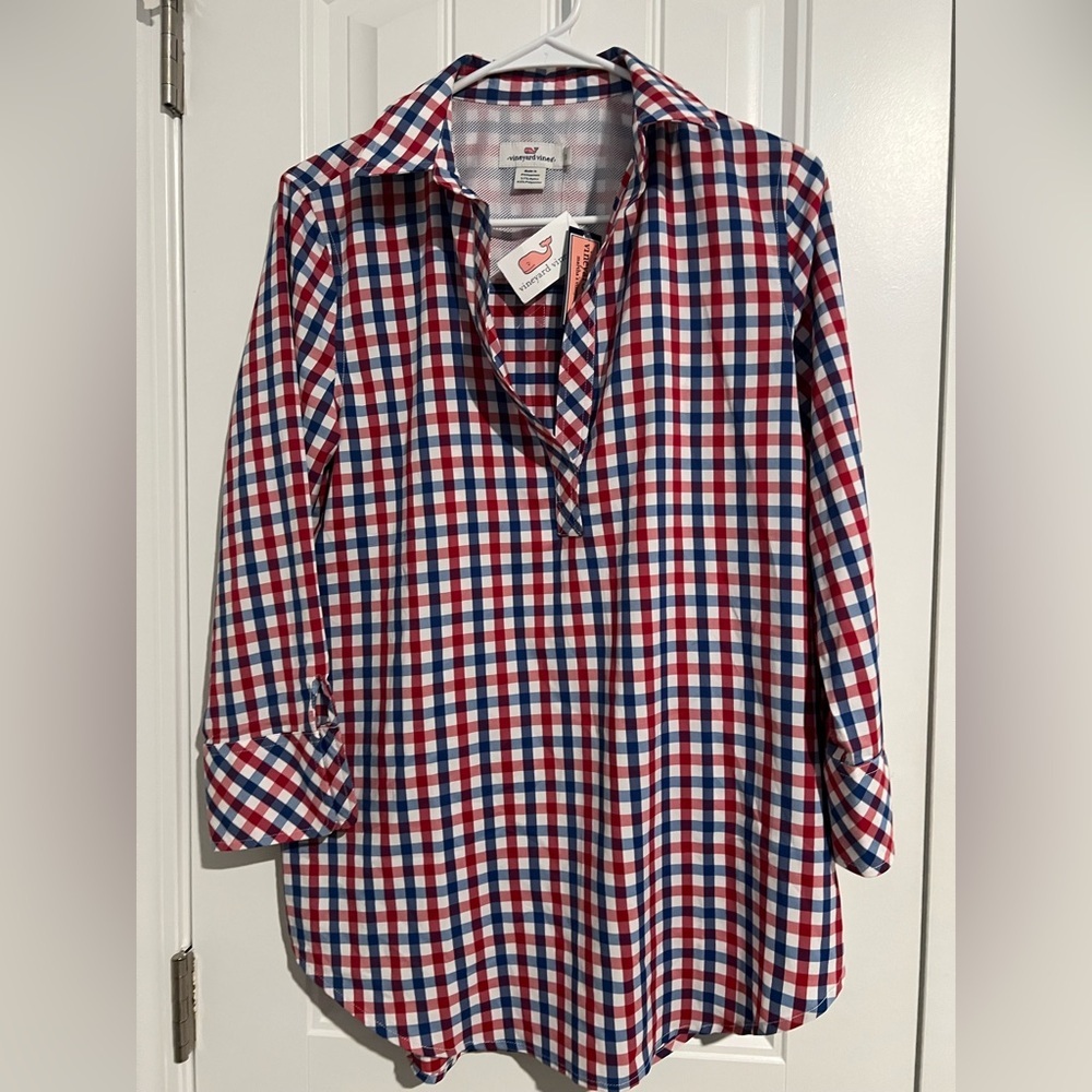 Vineyard Vines Women’s Long Sleeve Gingham Tunic Shirt Red White Blue Plaid - Picture 4 of 8